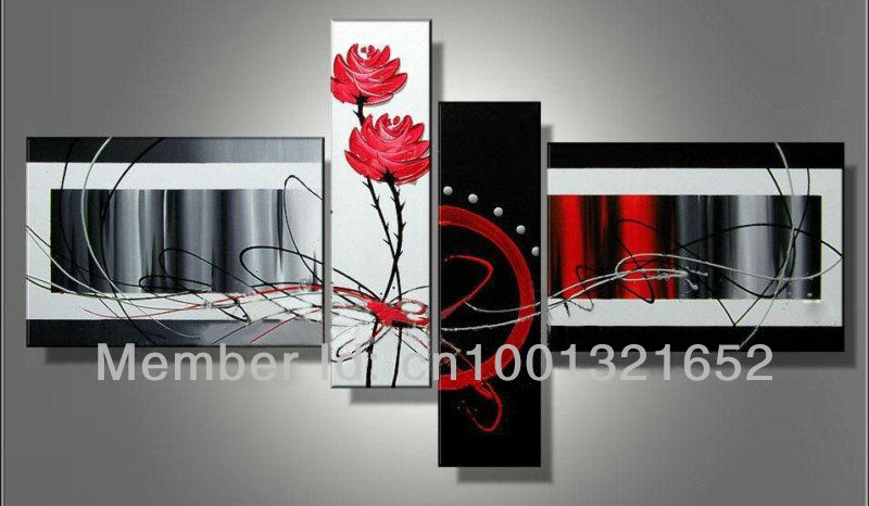 whole 2013 hand-painted hi-q huge size modern wall art home decor flower oil painting on canvas red camellia 4pcs/set framed