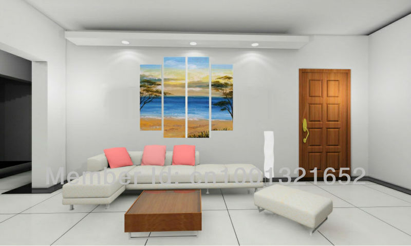 whole 2013 hand-painted hi-q modern wall art home decorative seascape oil painting on canvas beach trees 4pcs/set framed