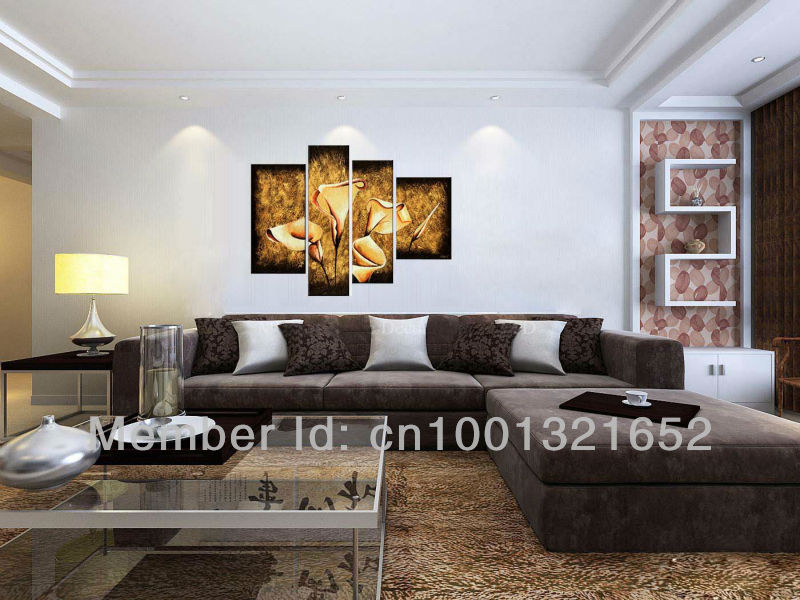 whole hand-painted hi-q modern decorative flower oil painting on canvas brown budding common callalily 4pcs/set framed