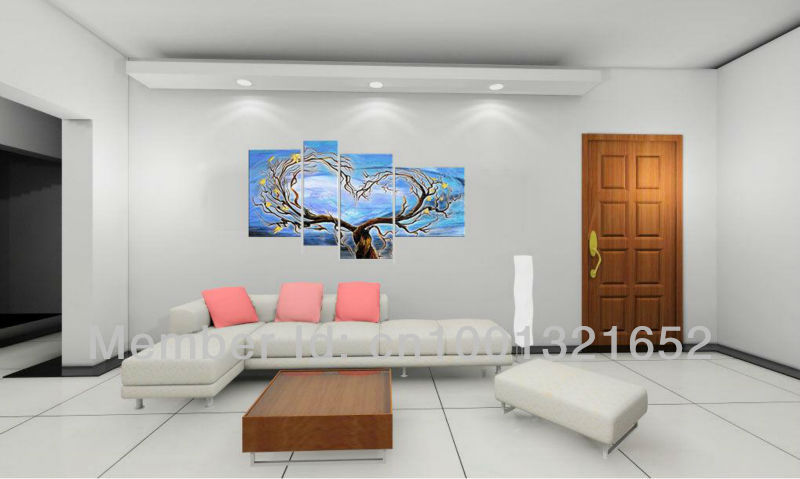 whole hand-painted hi-q modern wall art decorative abstract oil painting on canvas love tree 4pcs/set framed