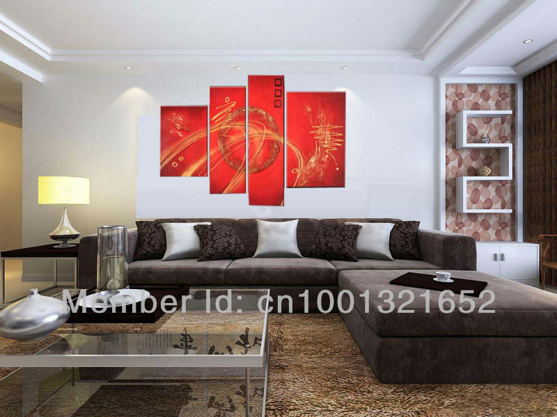 whole hand-painted hi-q modern wall art decorative abstract oil painting on canvas round on red4pcs/set framed