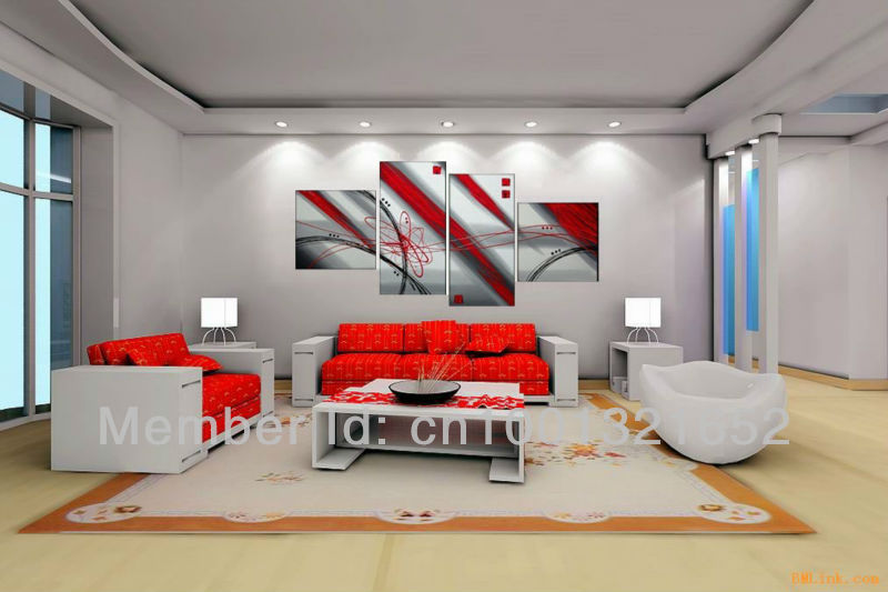 whole hand-painted hi-q modern wall art home decorative abstract oil painting on canvas red black line point 4pcs/set framed