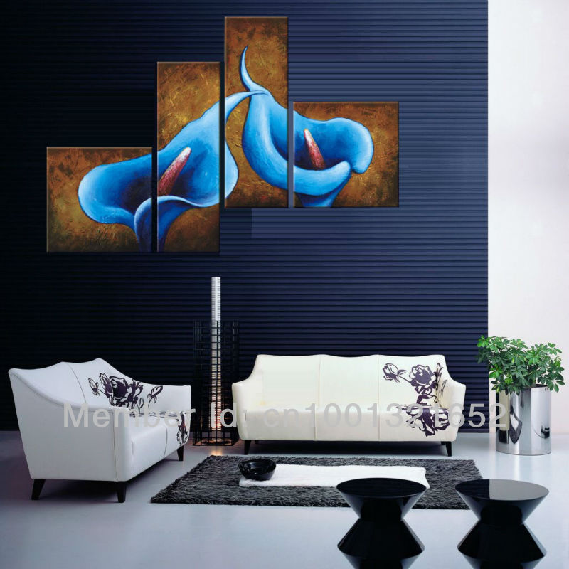 whole hand-painted hi-q modern wall art home decorative flower oil painting on canvas blue common callalily 4pcs/set framed