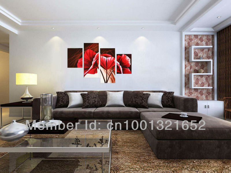 whole hand-painted hi-q modern wall art home decorative flower oilpainting on canvas red corn poppy on brown 4pcs/set framed