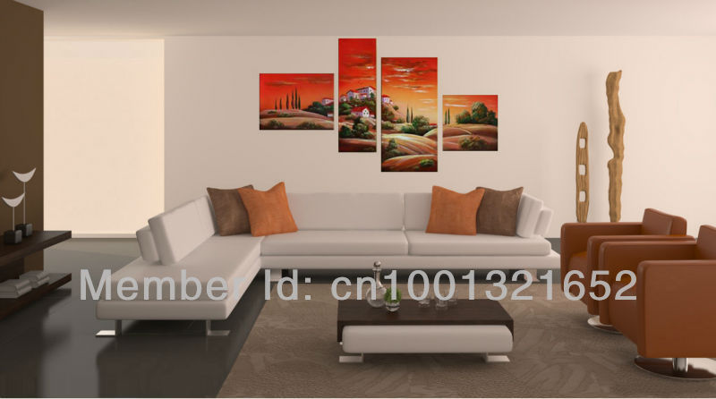 whole hand-painted hi-q modern wall art home decorative landscape oil painting on canvas country house 4pcs/set framed