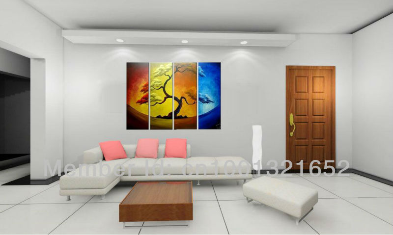 whole hand-painted hi-q modern wall art home decorative landscape oil painting on canvas the old tree 4pcs/set framed