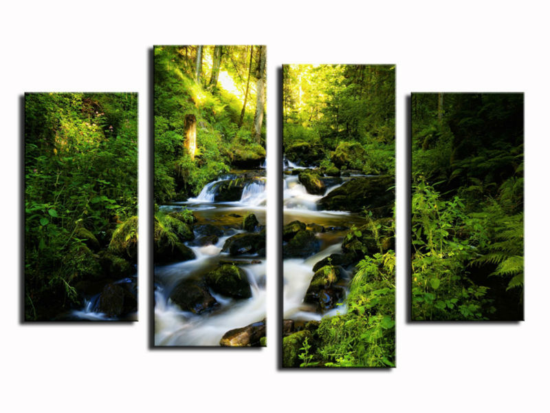 4 panel big waterfall with green tree landscape large hd picture modern home wall decor canvas print painting f/1462