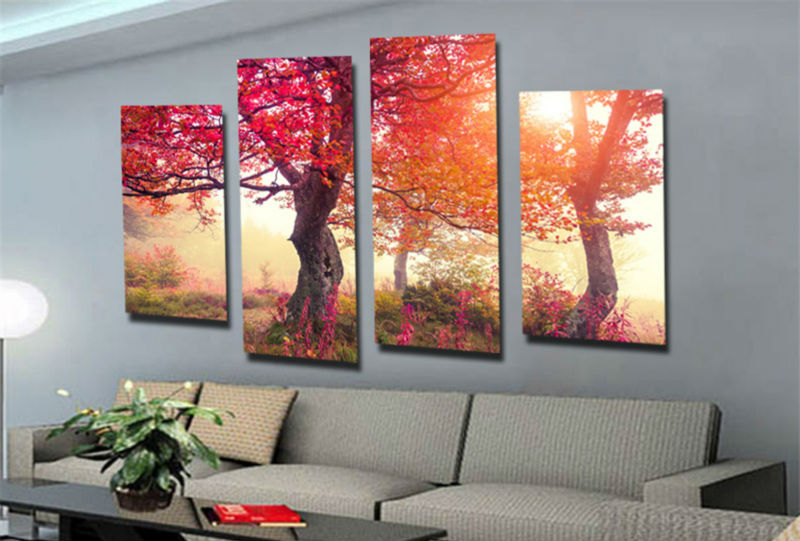 4 panel canvas painting canvas pictures for the wall red tree full lucky in leaves life home decoration canvas prints f/1065