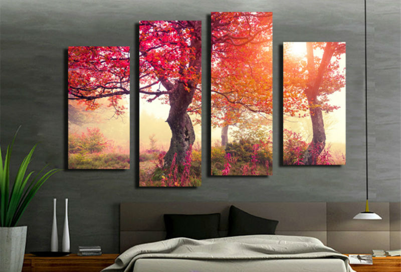 4 panel canvas painting canvas pictures for the wall red tree full lucky in leaves life home decoration canvas prints f/1065