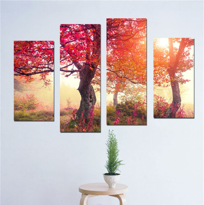 4 panel canvas painting canvas pictures for the wall red tree full lucky in leaves life home decoration canvas prints f/1065