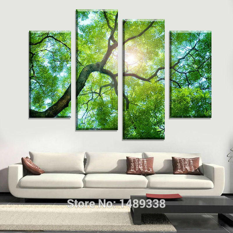 4 panel green tree painting canvas wall art picture home decoration living room canvas print modern painting f/872