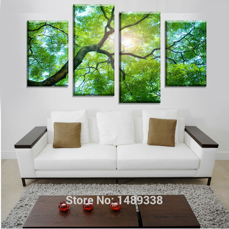 4 panel green tree painting canvas wall art picture home decoration living room canvas print modern painting f/872