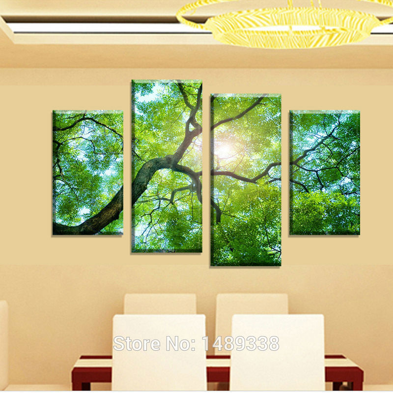 4 panel green tree painting canvas wall art picture home decoration living room canvas print modern painting f/872