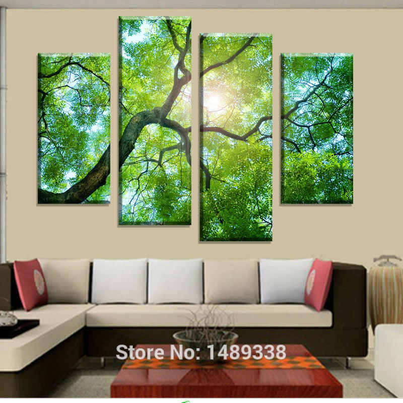 4 panel green tree painting canvas wall art picture home decoration living room canvas print modern painting f/872