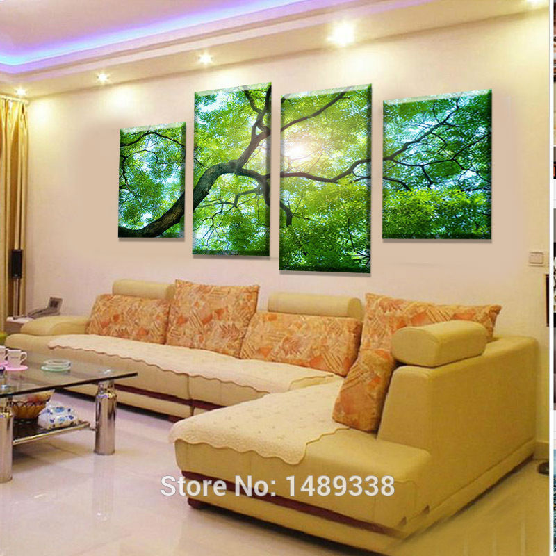 4 panel green tree painting canvas wall art picture home decoration living room canvas print modern painting f/872