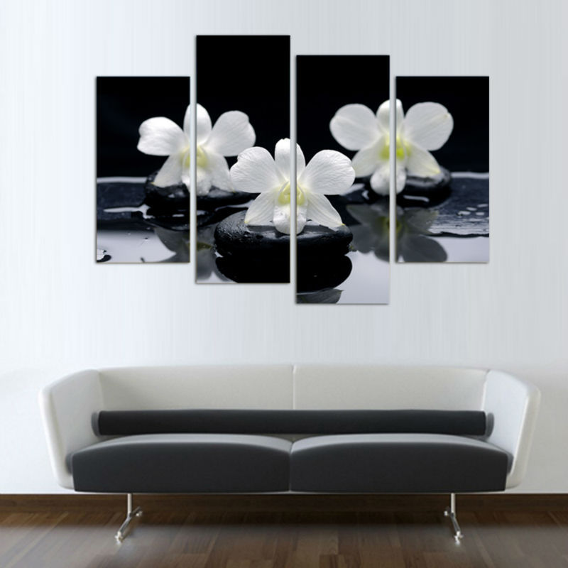 4 panel white flower canvas wall art oil painting cuadros decoracion wall picture for living room modern print painting f/1114