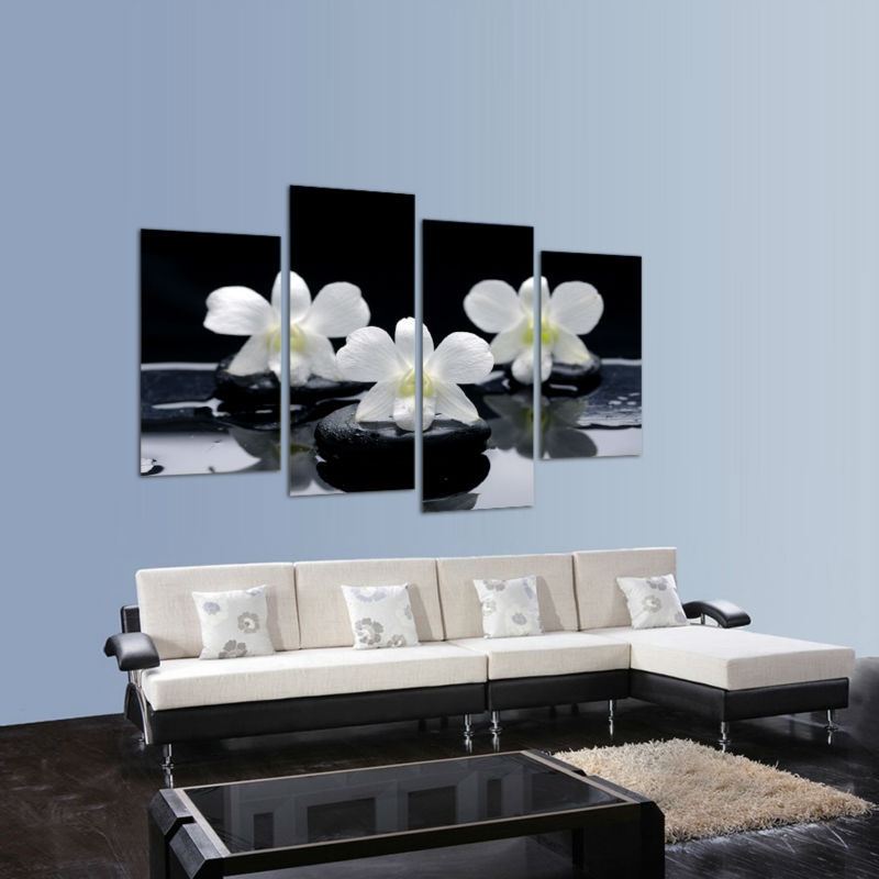 4 panel white flower canvas wall art oil painting cuadros decoracion wall picture for living room modern print painting f/1114