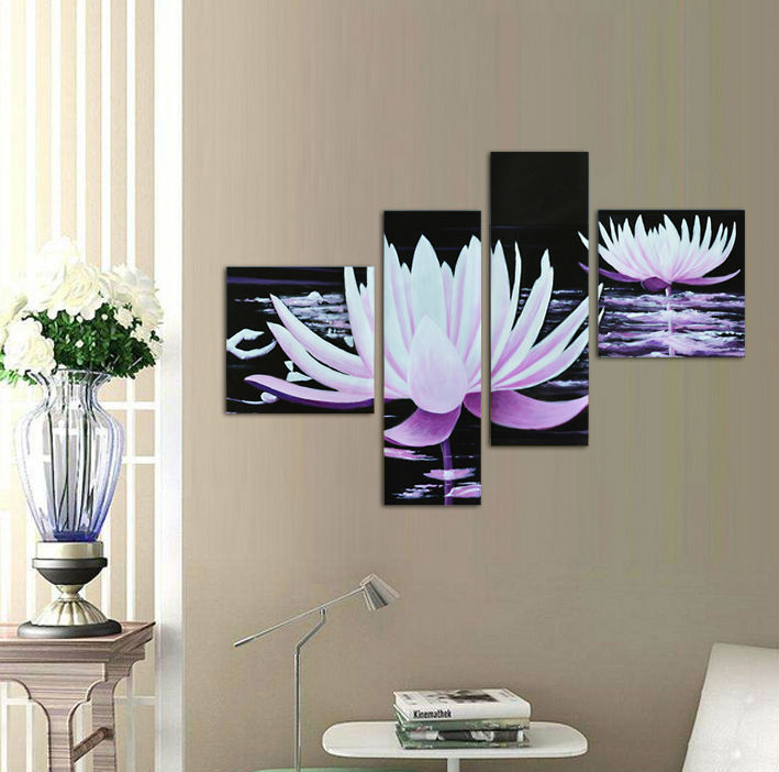 4 piece wall art modern abstract acrylic flower purple water lily print painting on canvas modern decoration framed art f/559