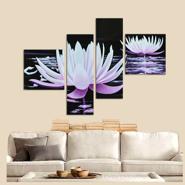 4 piece wall art modern abstract acrylic flower purple water lily print painting on canvas modern decoration framed art f/559