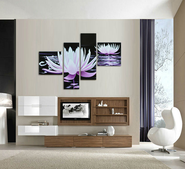 4 piece wall art modern abstract acrylic flower purple water lily print painting on canvas modern decoration framed art f/559