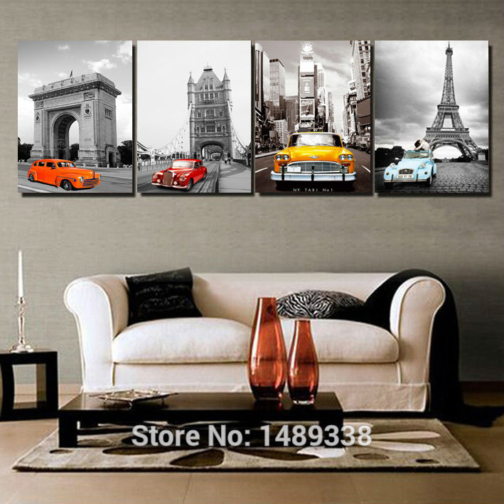 4 pieces black and white living room modern minimalist car painting decorative mural paintings picture print on canvas f/519