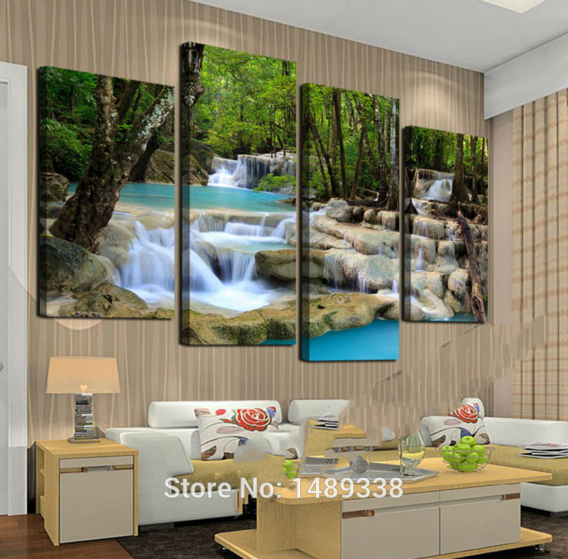 4 pieces wall art waterfall green lake large hd top-rated canvas print painting oil paintings home decoration room framed f/756