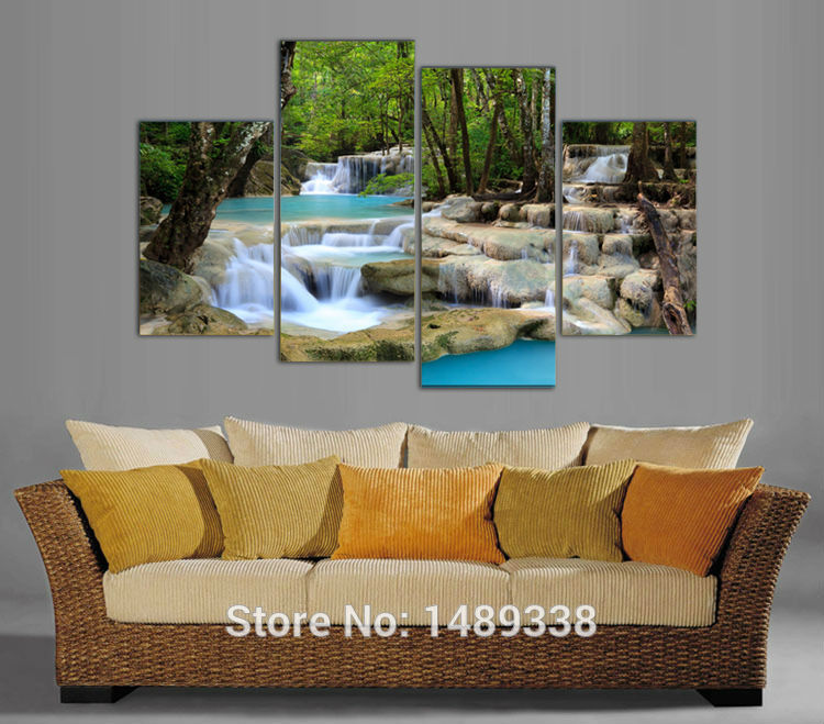 4 pieces wall art waterfall green lake large hd top-rated canvas print painting oil paintings home decoration room framed f/756