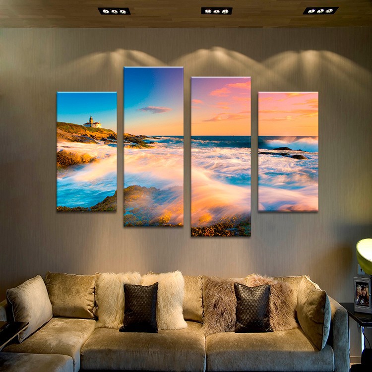 4pcs nature art sunset seascape waves wall painting print on canvas for home decor ideas paints on wall pictures art f/1247