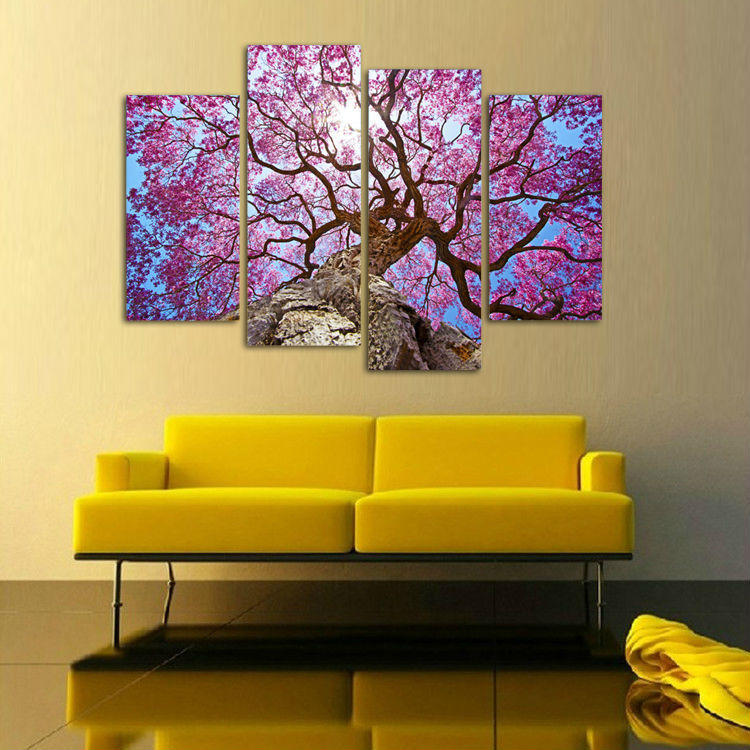 cherry blossoms painting wall art printed on canvas wall pictures for living room 4 pcs/set with wood frame ready to hung f/1193