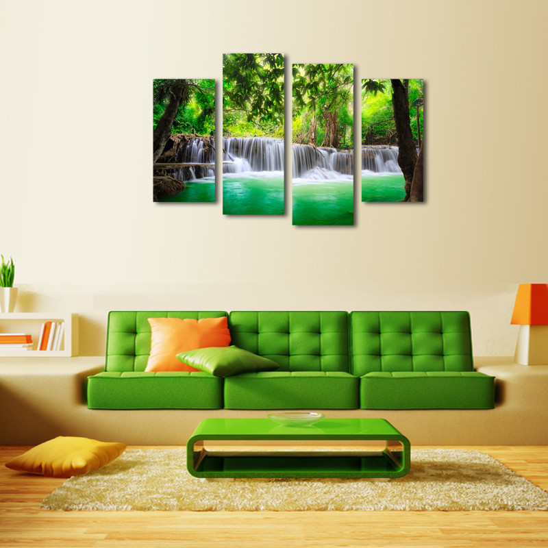 framed art 4 piece green waterfall modern wall art hd picture canvas print painting for living room decor f/1385