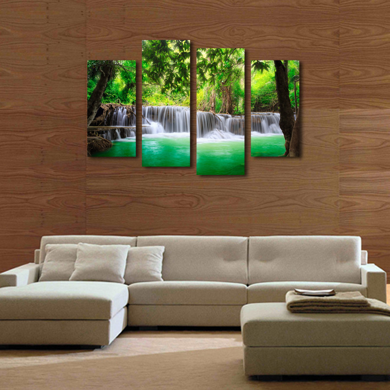 framed art 4 piece green waterfall modern wall art hd picture canvas print painting for living room decor f/1385