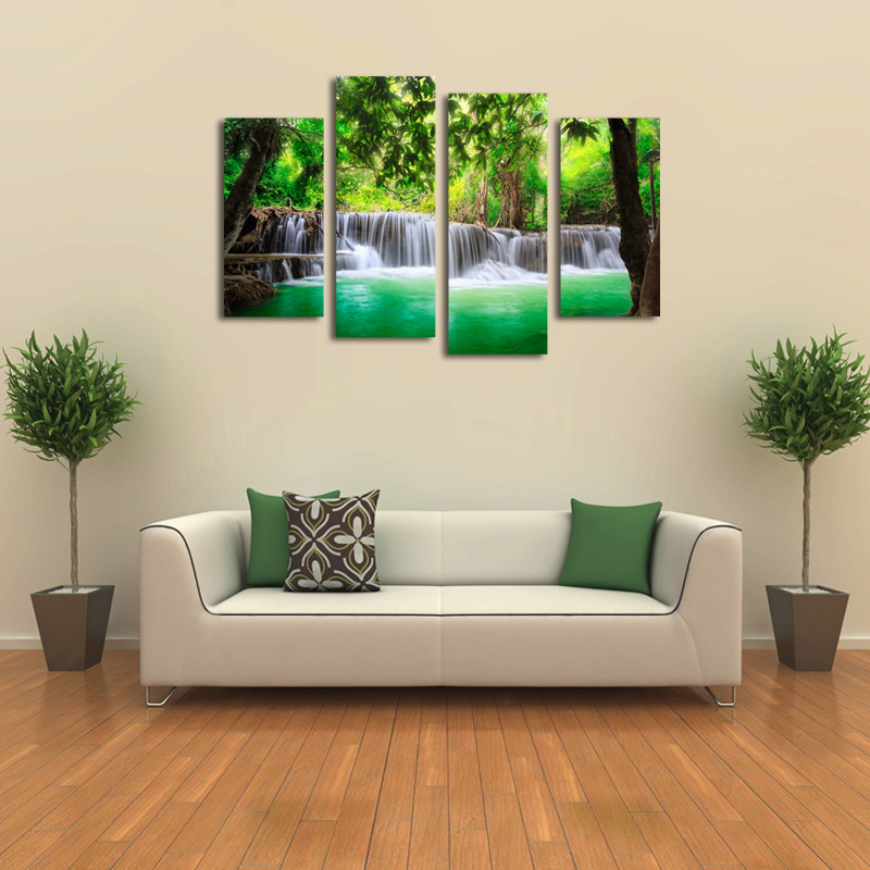 framed art 4 piece green waterfall modern wall art hd picture canvas print painting for living room decor f/1385