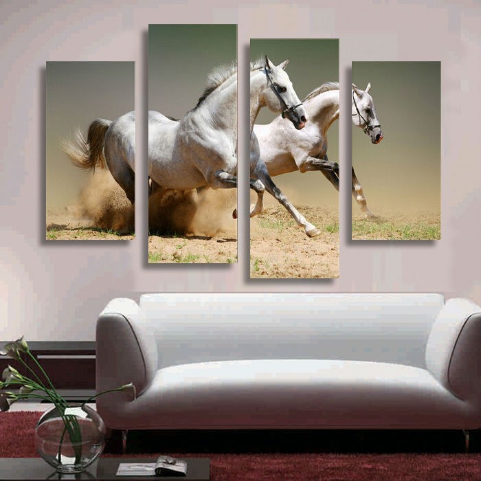 new sell 4 panel running white horse large hd picture modern home wall decor canvas print oil painting framed artf/1108