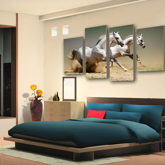 new sell 4 panel running white horse large hd picture modern home wall decor canvas print oil painting framed artf/1108