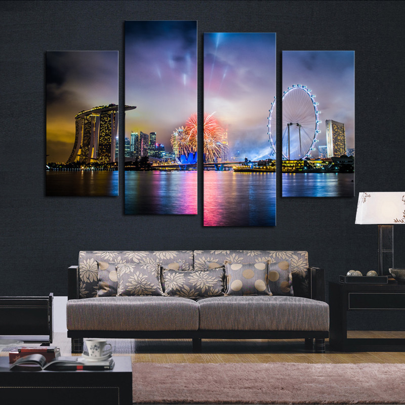 sell 4 panel colorful city night large hd picture modern home wall decor canvas print painting for house decorate f/1115