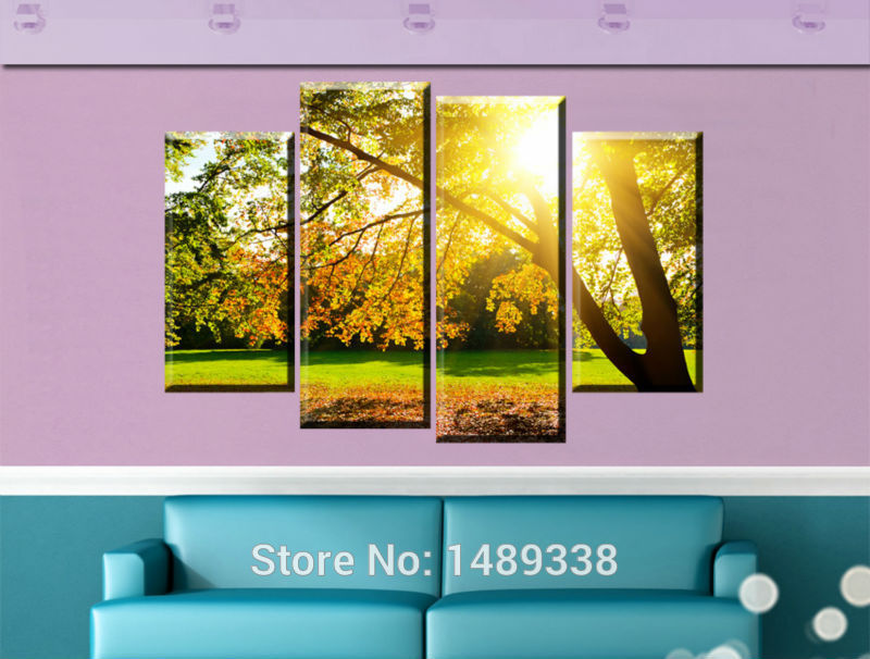 wall art printed on canvas wall pictures for living room sunshine from the tree leaves golden leaves f/873