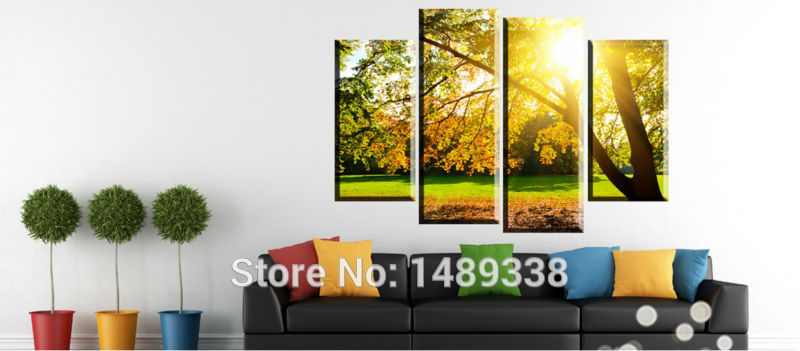 wall art printed on canvas wall pictures for living room sunshine from the tree leaves golden leaves f/873