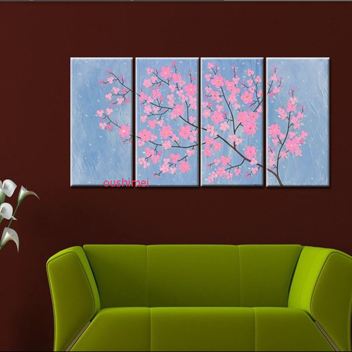 handmade blue oil painting on canvas pink flower painting wall art group of pictures canvas paintings for living room decor