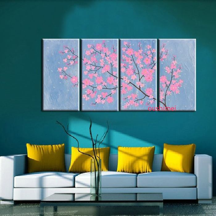 handmade blue oil painting on canvas pink flower painting wall art group of pictures canvas paintings for living room decor