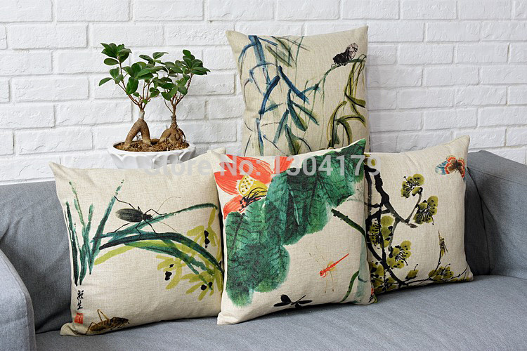 2015 new cushion cover pillowcase retro ink painting flowers birds cotton pillow decorate , pillow cushion ,cushions