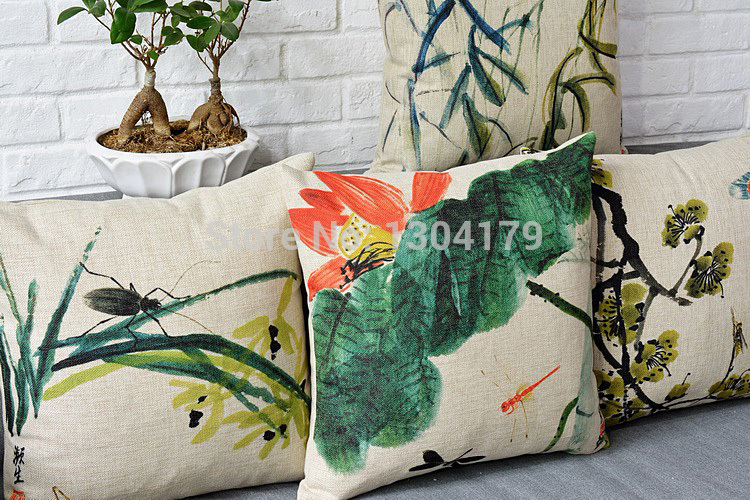 2015 new cushion cover pillowcase retro ink painting flowers birds cotton pillow decorate , pillow cushion ,cushions