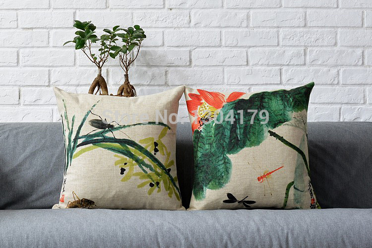 2015 new cushion cover pillowcase retro ink painting flowers birds cotton pillow decorate , pillow cushion ,cushions