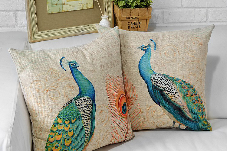 2pcslot brand cotton linen blend peafowl peacock feathers cushion car pillow shell home car decor 18'' * 18'' 45cm * 45cm