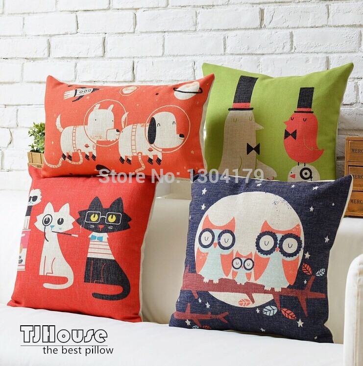 4pcs/lot home decor back cushion cover animal throw pillow case 45*45cm cotton linen dog and cat printing cartoon pillow cover