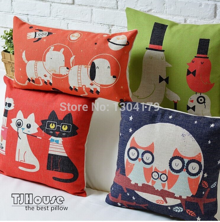 4pcs/lot home decor back cushion cover animal throw pillow case 45*45cm cotton linen dog and cat printing cartoon pillow cover