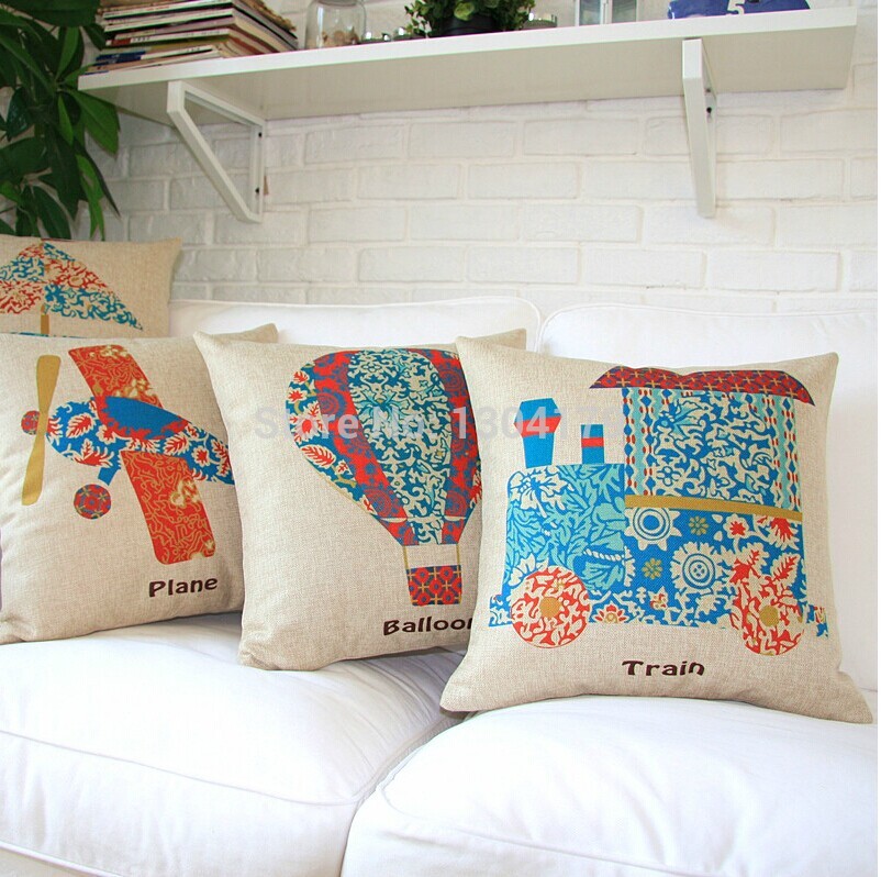 4pcs new arrived linen plain&train&balloon car pillow cover bedding sofa cushion cover pillow case whole