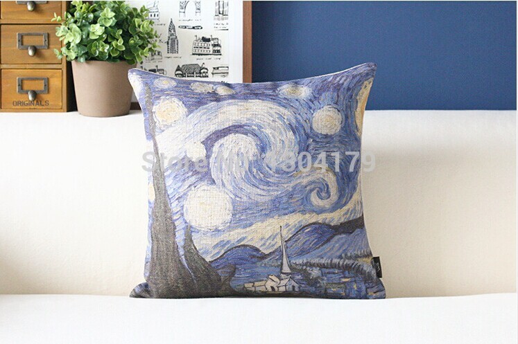 4pcs painting style cushions stars and flowers pillowcase cotton linen decorative pillow covers sofa cushion cover van gogh