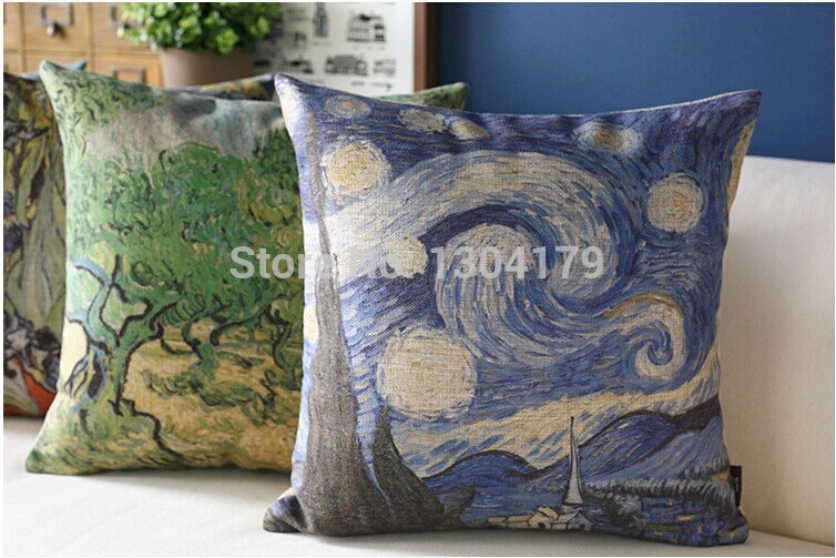 4pcs painting style cushions stars and flowers pillowcase cotton linen decorative pillow covers sofa cushion cover van gogh