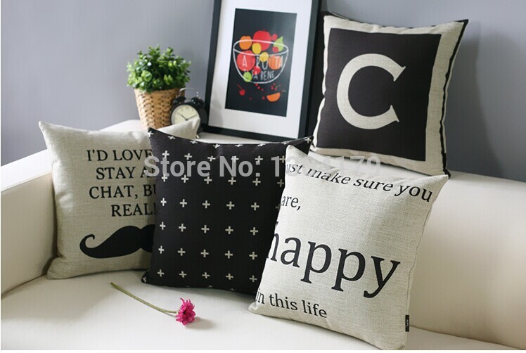 5pcs/lot black and white retro linen cotton pillow case creative sofa cushions cover car office nap cushion cover 45*45cm