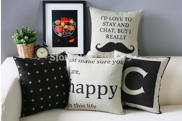 5pcs/lot black and white retro linen cotton pillow case creative sofa cushions cover car office nap cushion cover 45*45cm